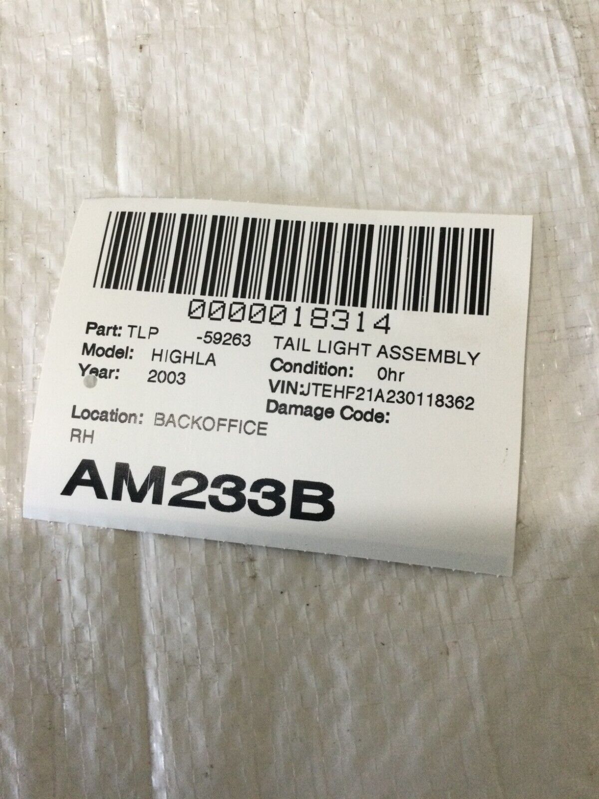 2001-2003 Toyota Highlander Rear Right Passenger Side Tail Light Lamp OEM