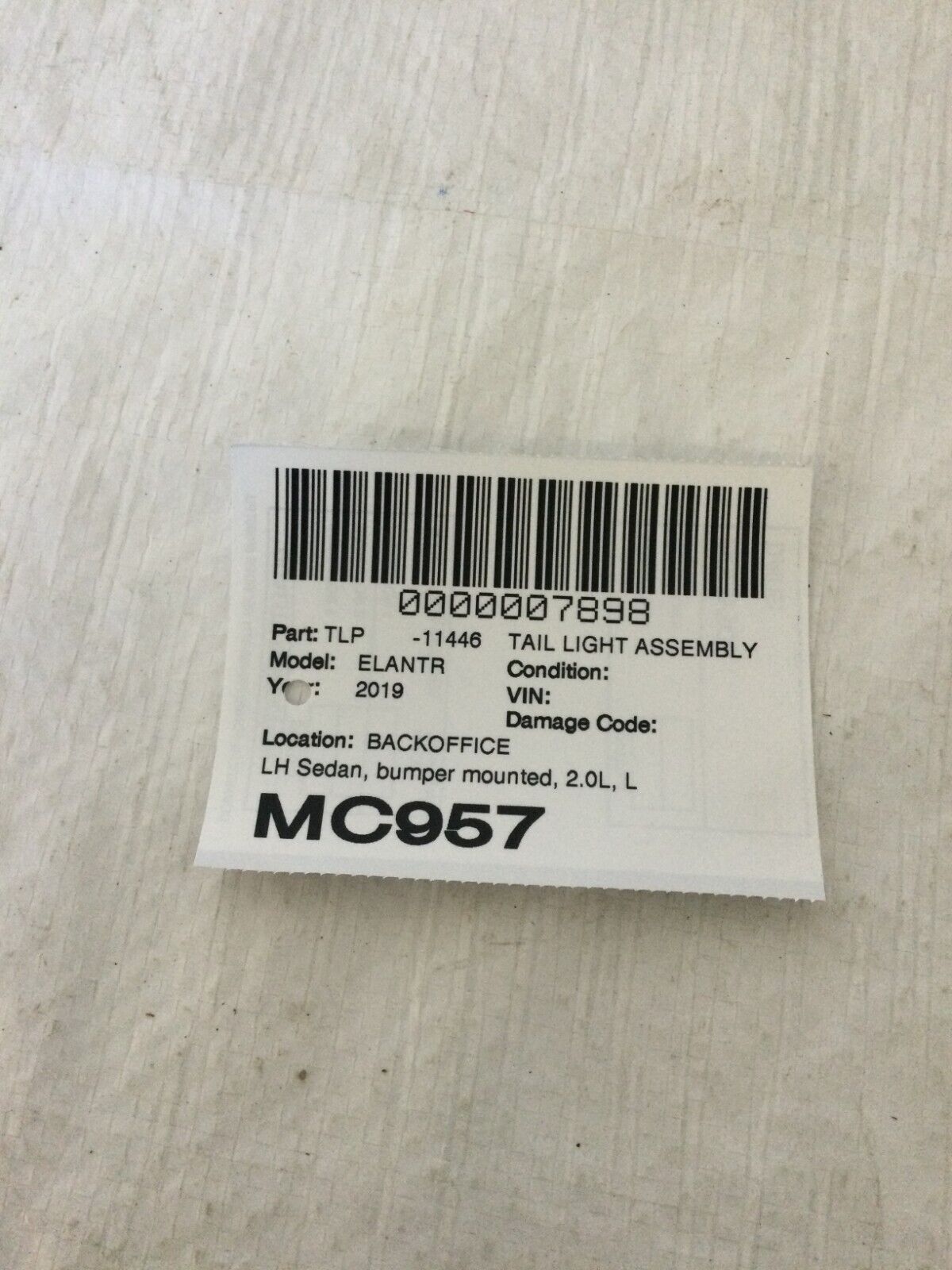 2019 Hyundai Elantra Sedan Tail Light Left Rear Lower Bumper Mounted OEM