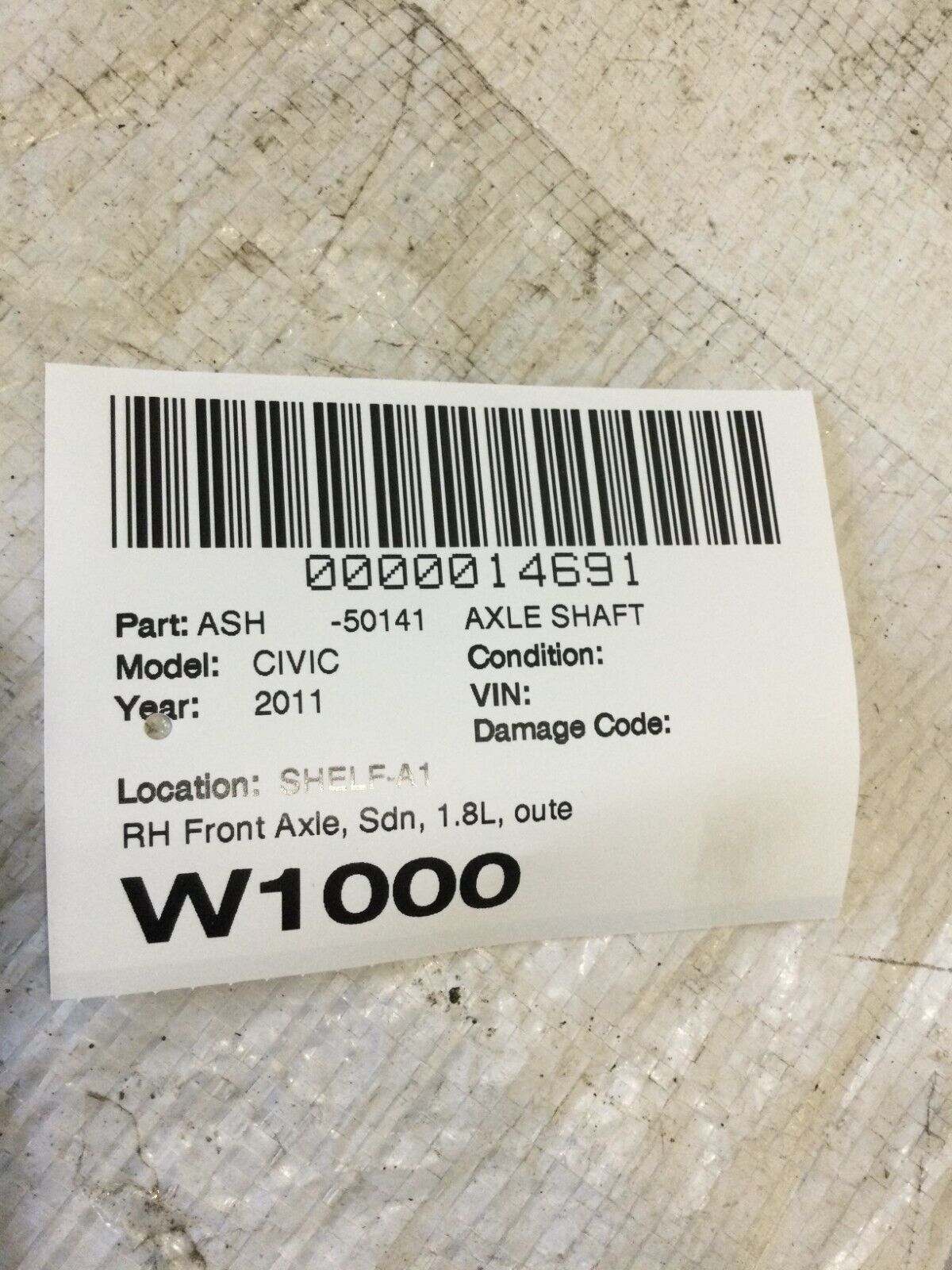 2017 Honda Civic Front Right Side  Axle Shaft OEM