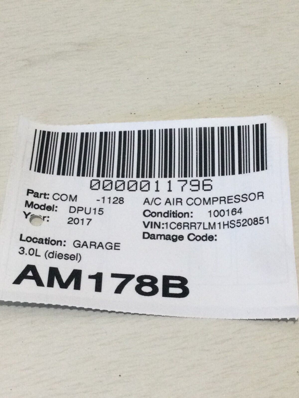 2017 Dodge Ram 1500 A/C Compressor 3.0L OEM 68202995AA