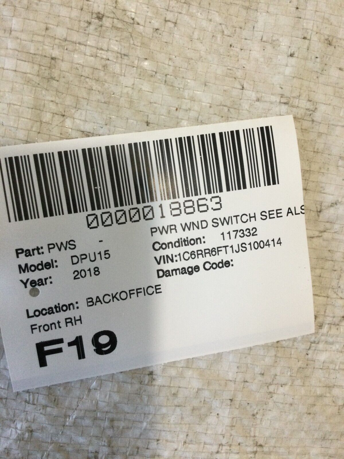 2018 RAM 1500  Front Right Passenger Side Power Window Switch OEM