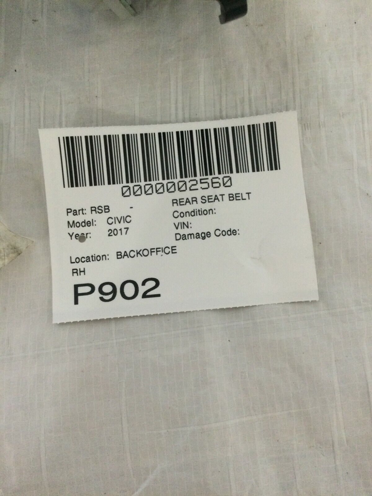 2016-2018 Honda Civic Rear Right Passenger Seat Belt OEM 2494574 