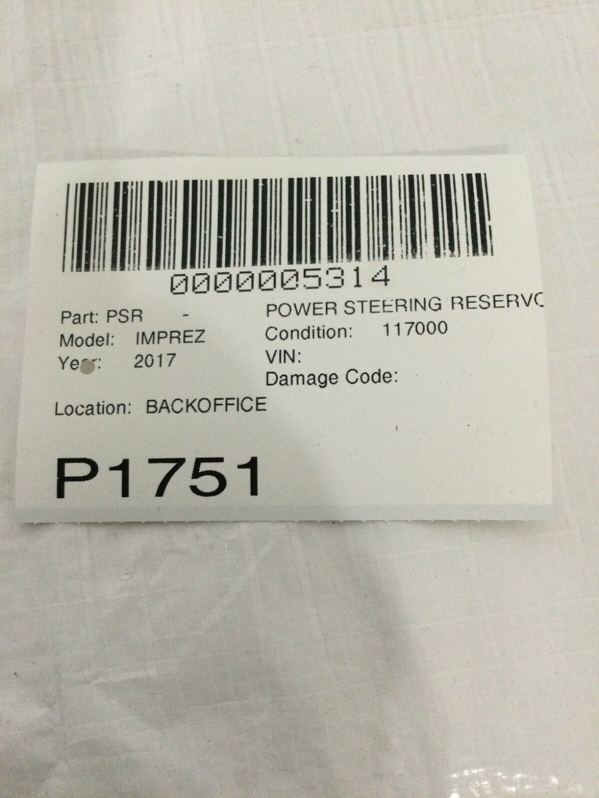 2017 Subaru Impreza Power Steering Reservoir OEM
