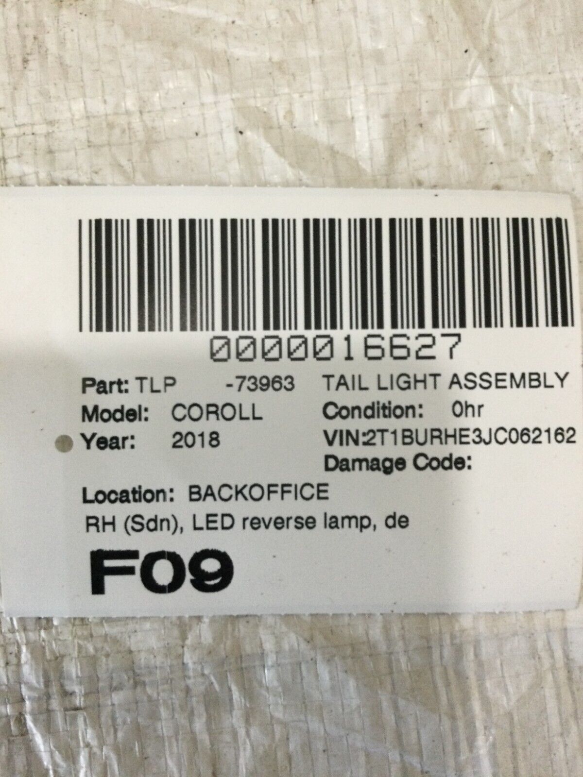 2018 Toyota Corolla Sedan Right Rear Inner Tail Light Assembly OEM