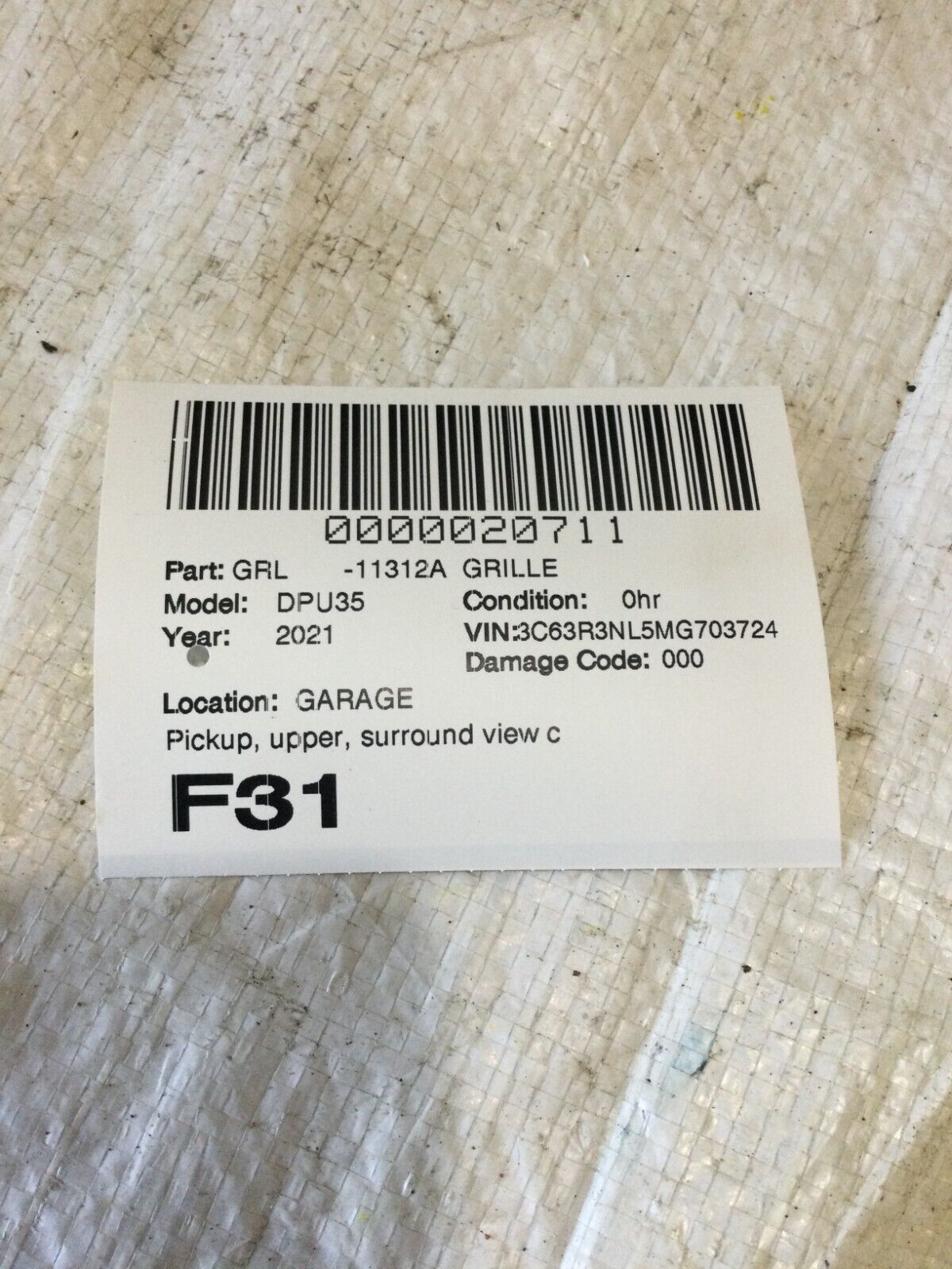 2021 Dodge Ram 3500 Pickup Upper Surround Grill Black OEM 2019-2023