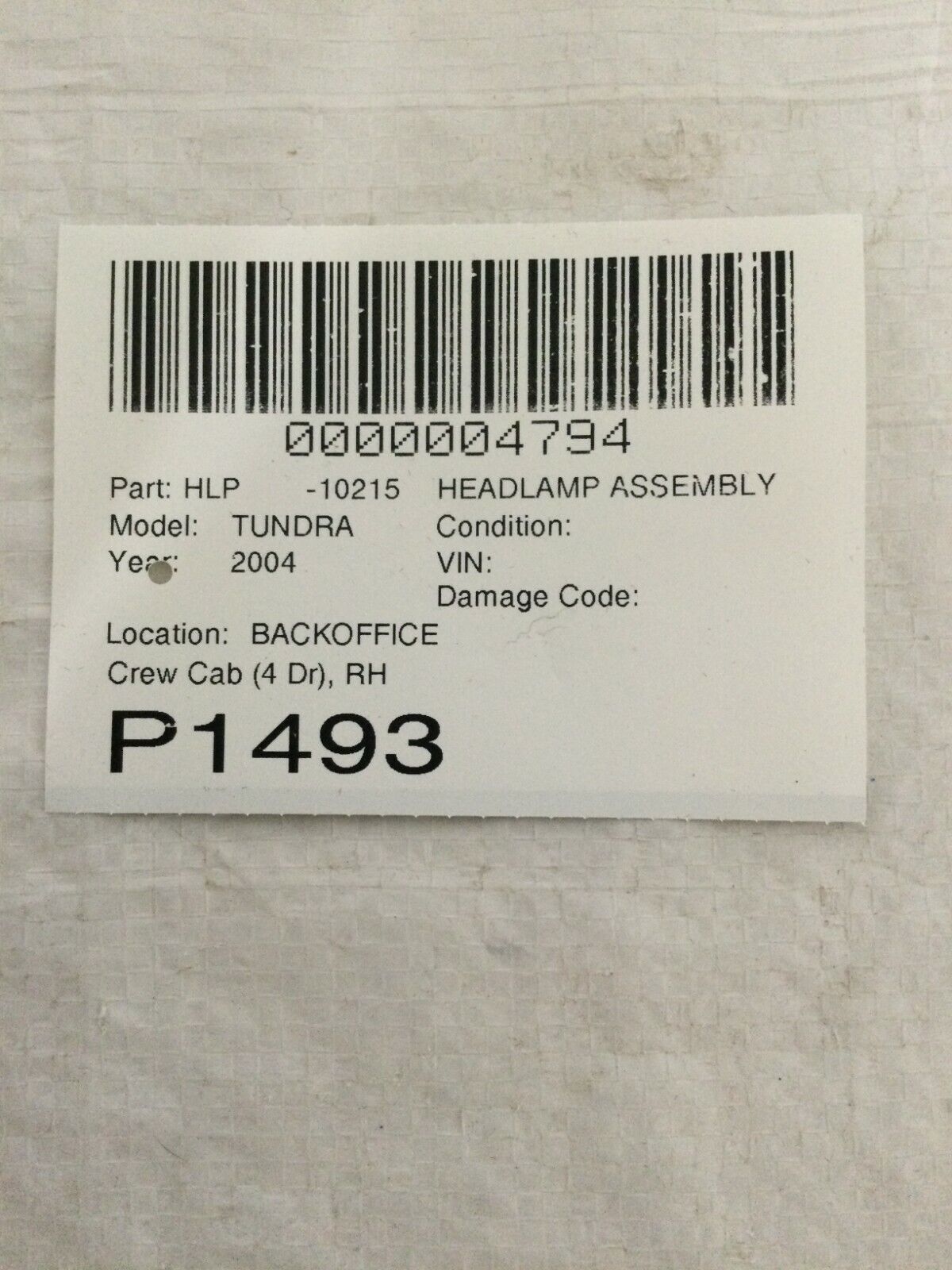 2004 Toyota Tundra 4DR Crew Cab Headlight Right Passenger Side OEM RH