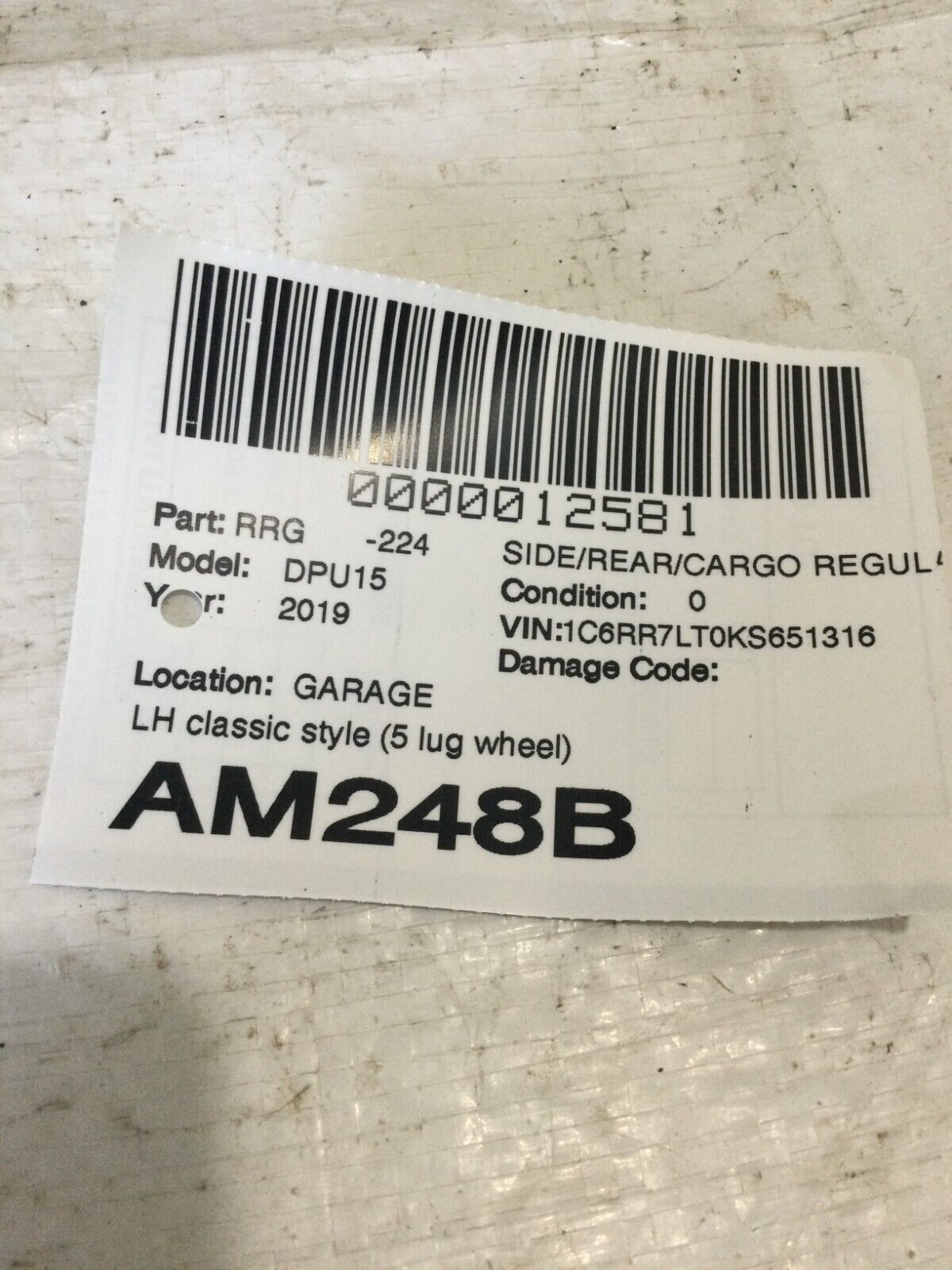 2019 Dodge Ram 1500 Rear Left Window Door Regulator OEM