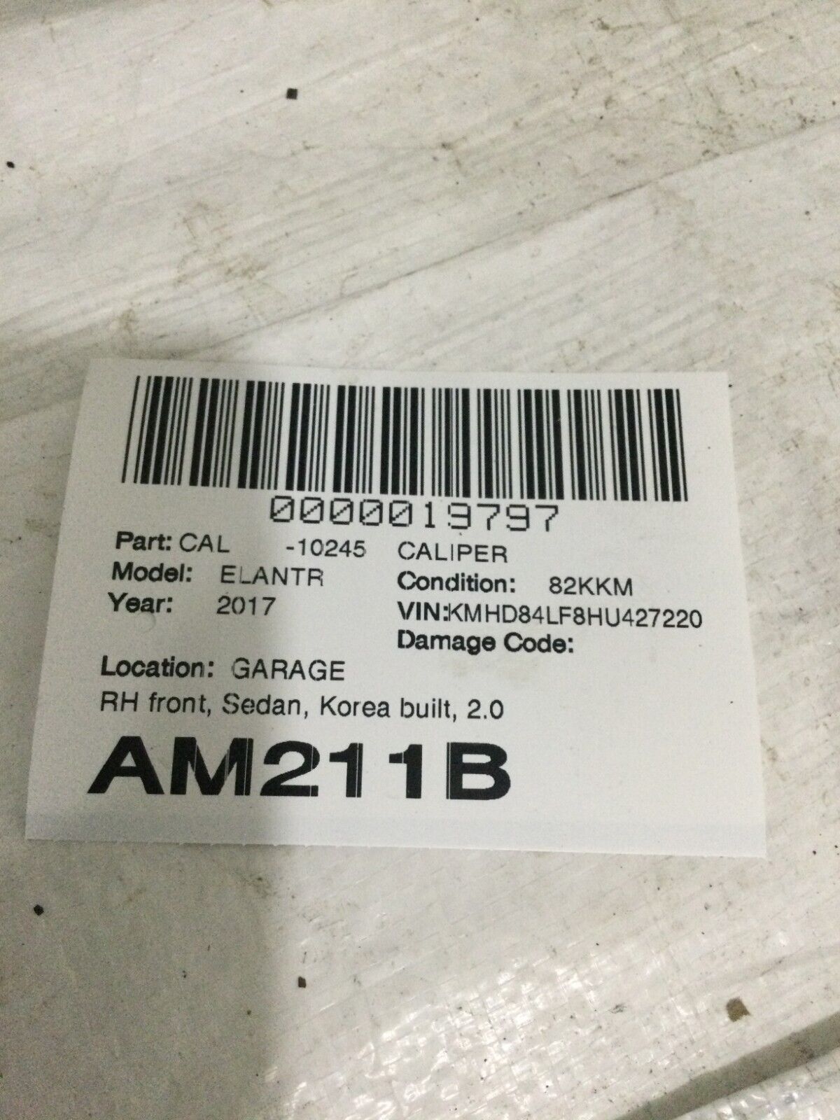 2017 Hyundai Elantra  Front  Right Passenger  Brake Caliper  OEM