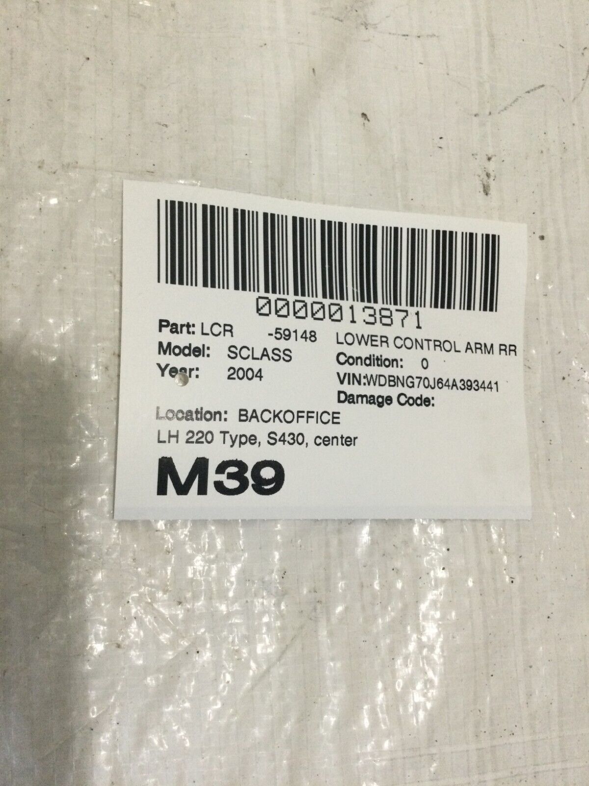 2004 Mercedes Benz S430 Rearward Left  Rear Lower Control Arm OEM