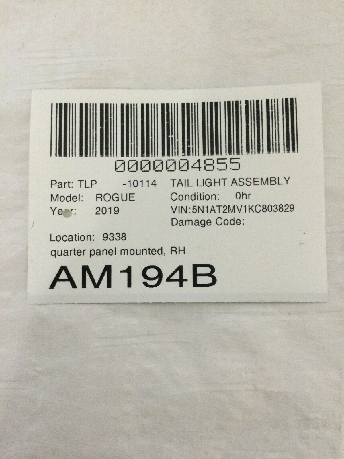 2019 Nissan Rogue Tail Light Assembly Inner Right Passenger Side OEM RH