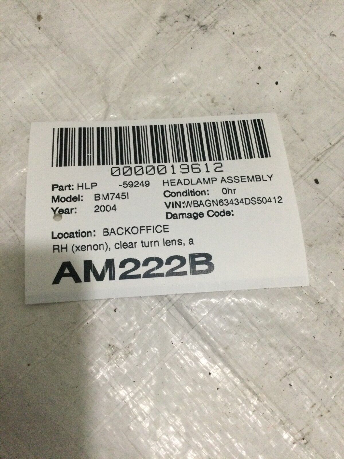 2004 BMW 745I Right Passenger Xenon Headlight OEM