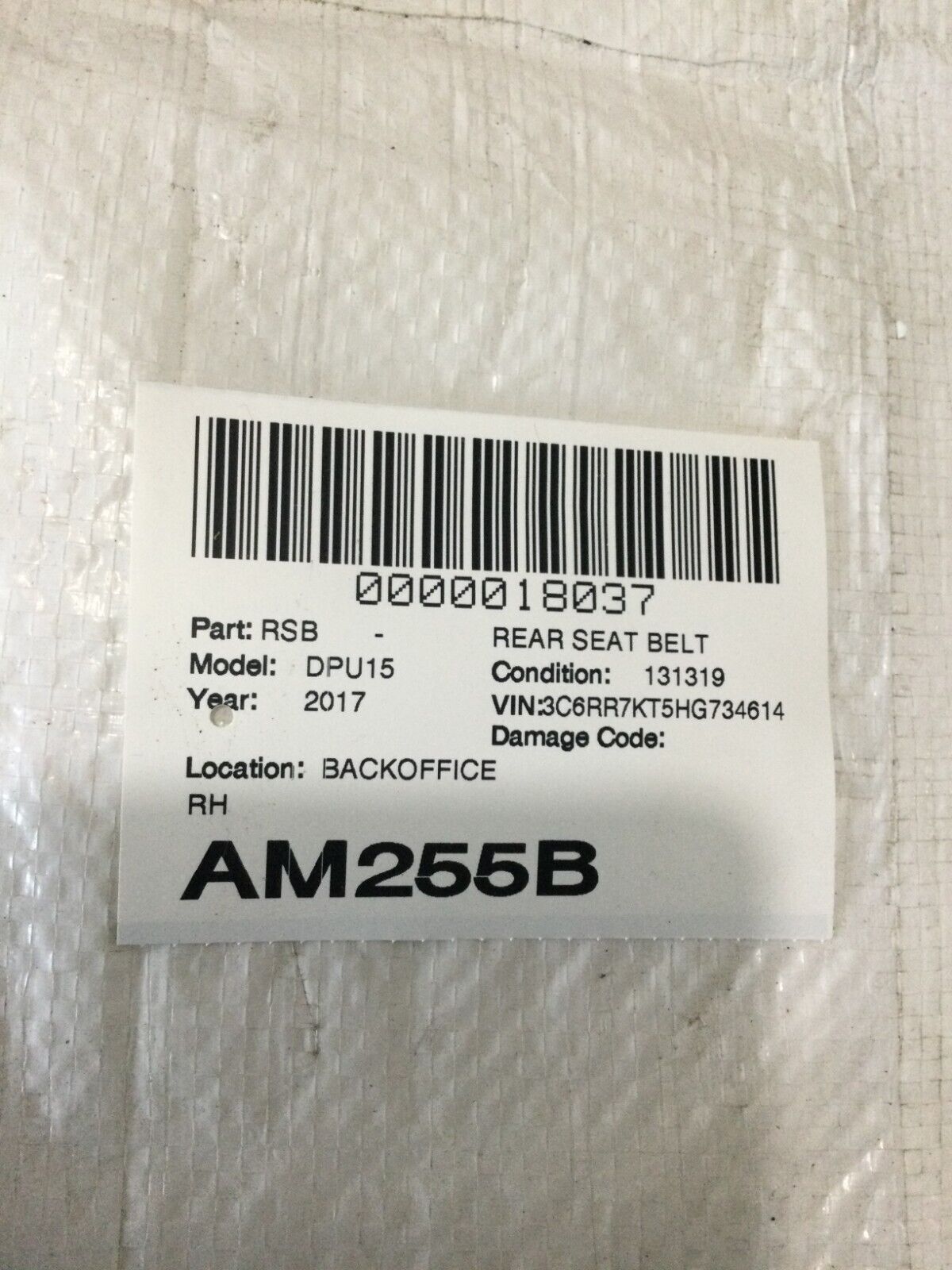 2017 Dodge Ram 1500 Rear Right Seat Belt OEM
