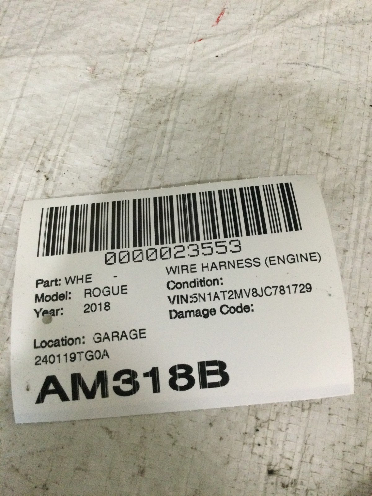 2018 Nissan Rogue 2.5L Engine Wiring Harness OEM 24011 9TG0A