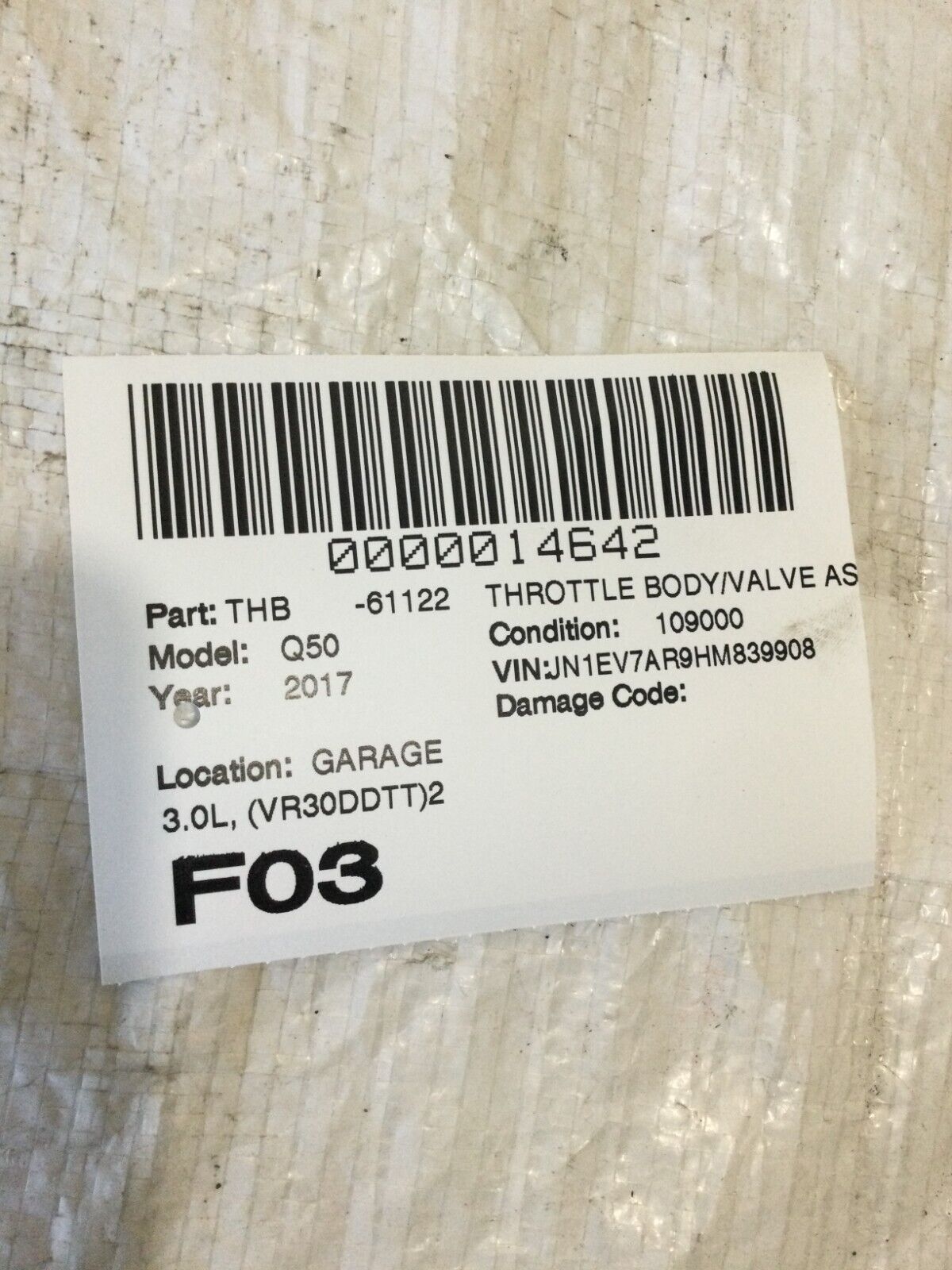 2017 Infiniti Q50 Throttle Body Valve Assembly OEM