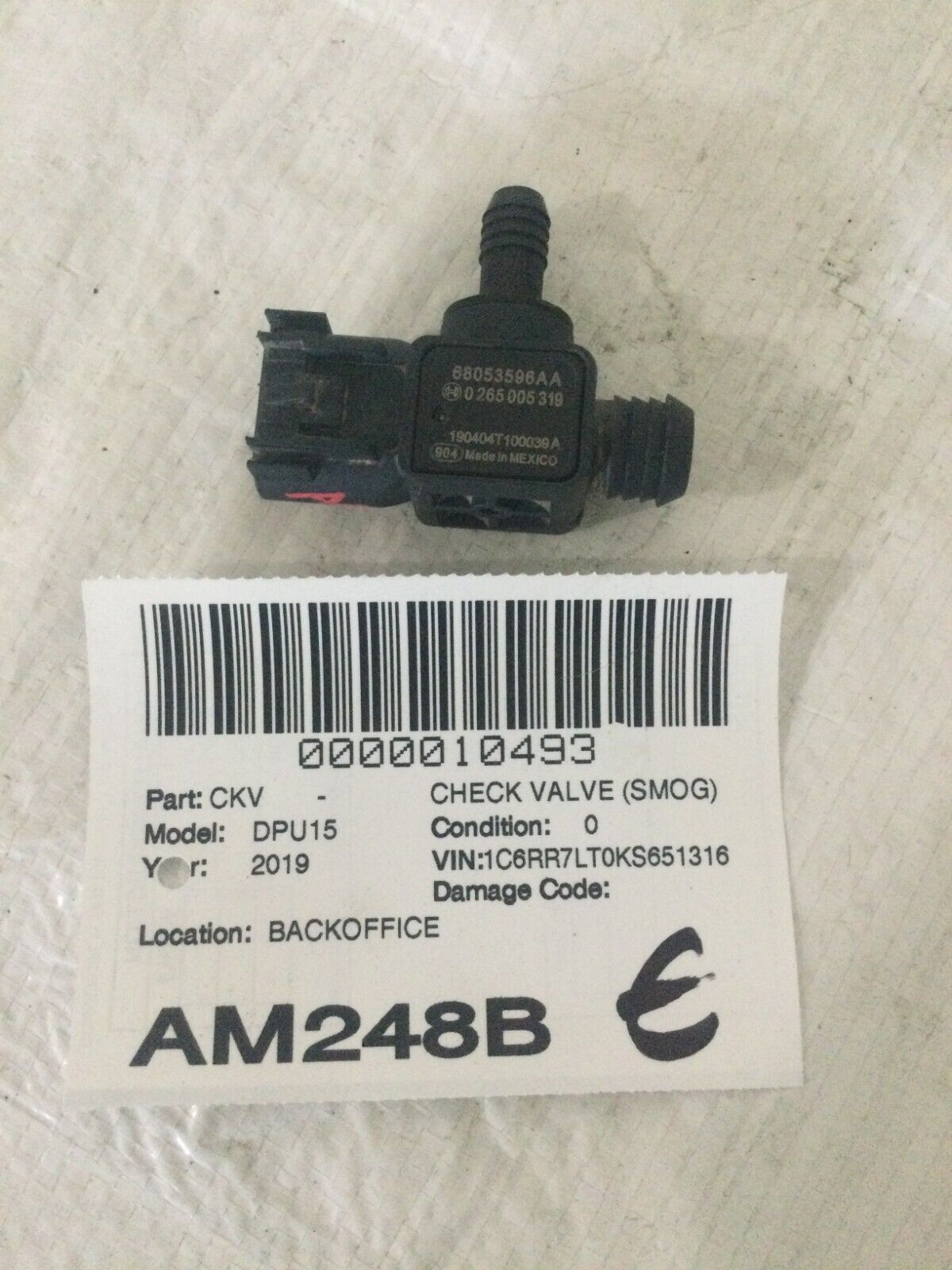 2019 Dodge Ram 1500 Power Brake Booster Check Valve 68053596AA OEM