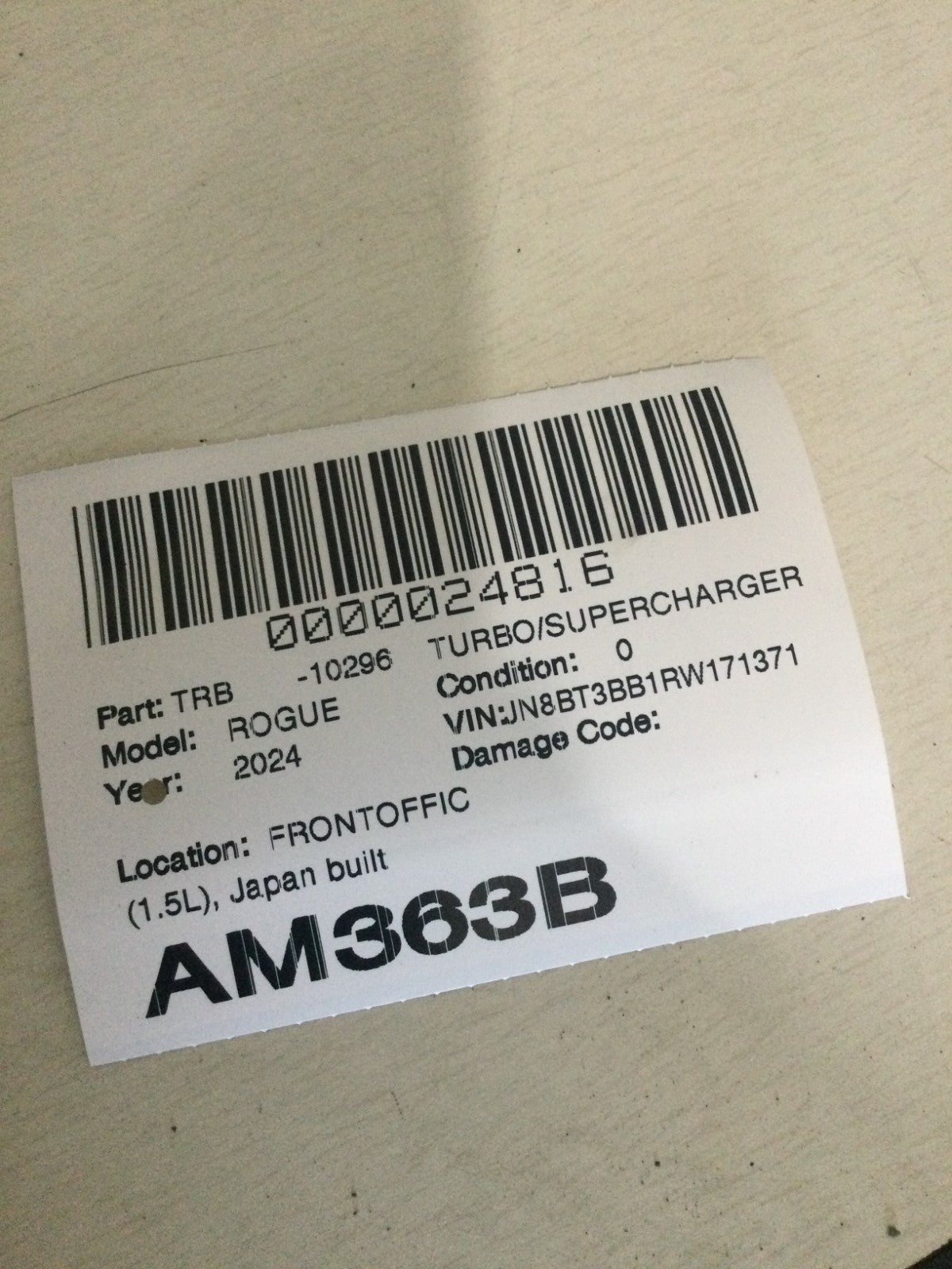 2024 Nissan Rogue 1.5L Turbo Turbocharger Supercharger OEM