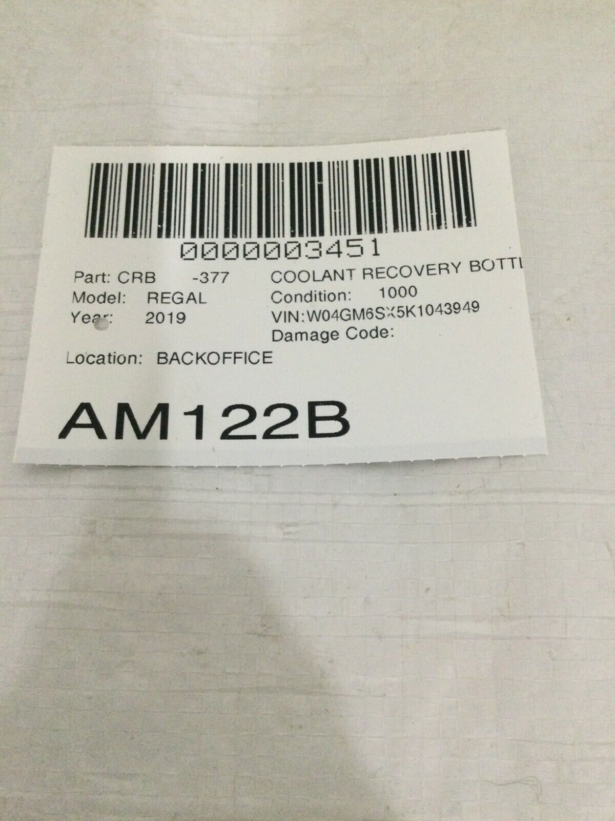 2019 Buick Regal Sportback Preferred II Coolant Recovery Bottle 2.0L OEM