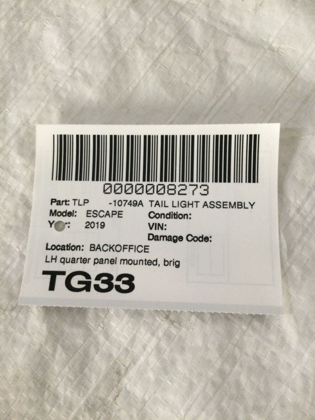 2019 Ford Escape LH Rear Left Driver Side Outer Tail Light Halogen OEM