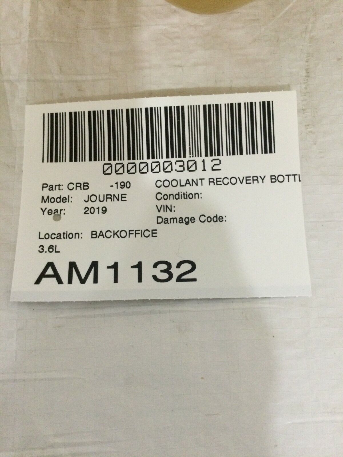 2019 Dodge Journey 3.6L Coolant Overflow Recovery Tank With Cap OEM