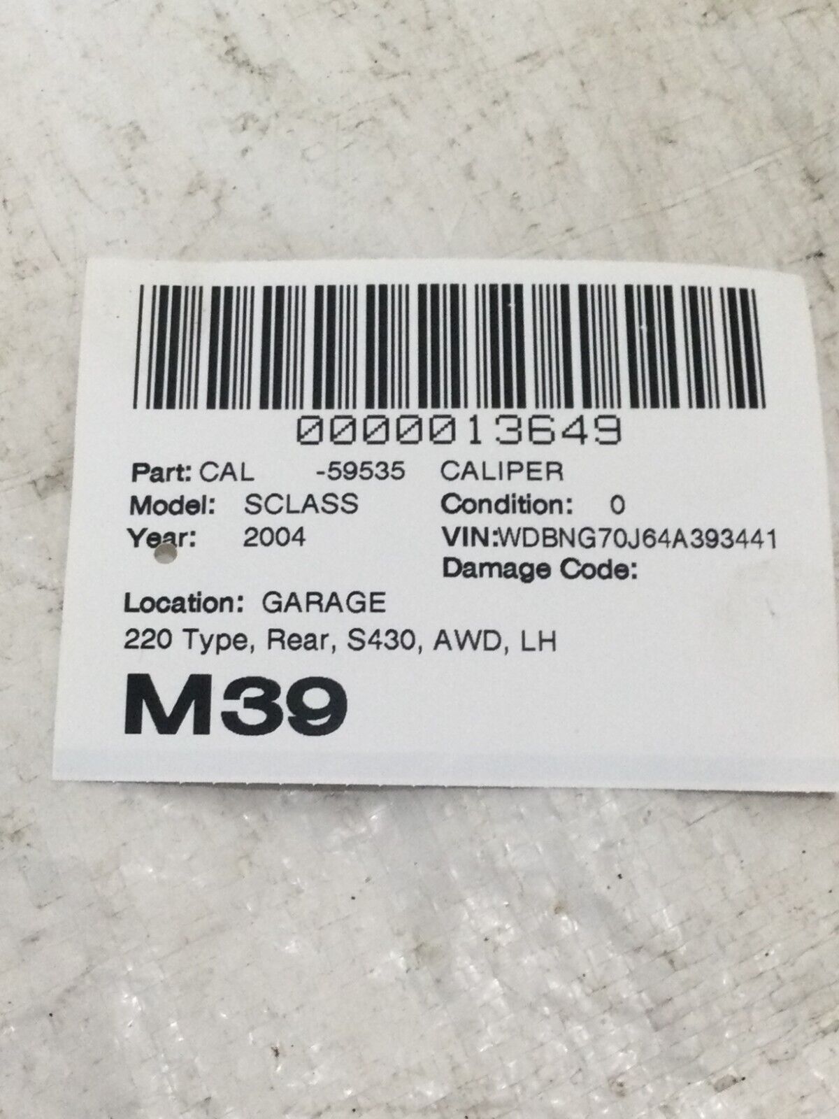 2004 Mercedes S430 Rear Left Brake Caliper OEM