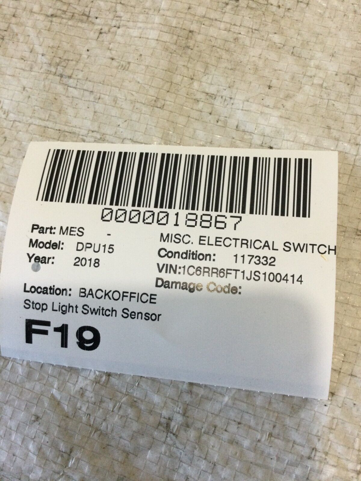 2018 Dodge Ram 1500 Brake Light Stop Light Switch Sensor OEM
