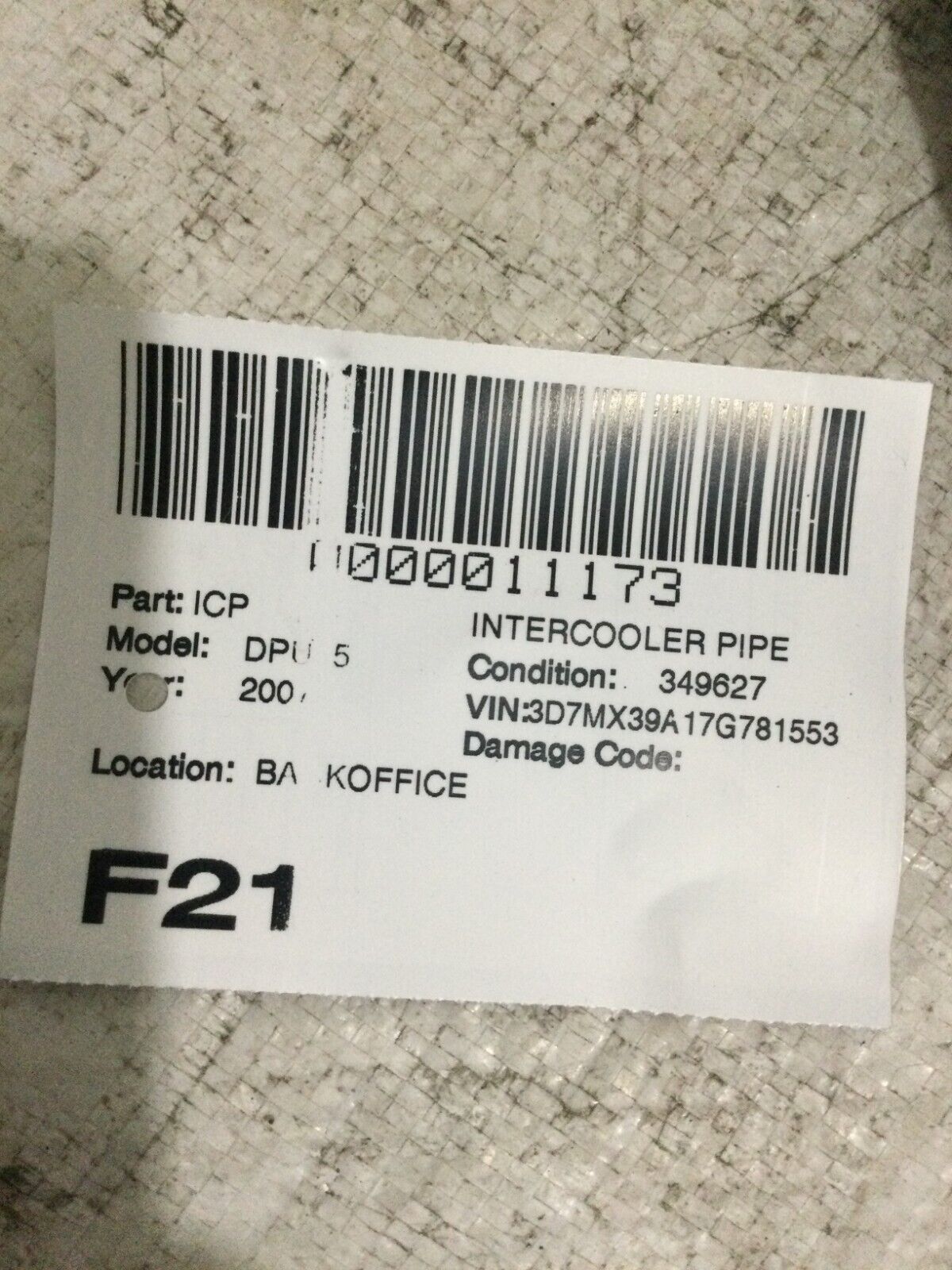 2007-2008 Dodge Ram 2500 3500 6.7L Turbo Diesel Intercooler Hose Pipe OEM