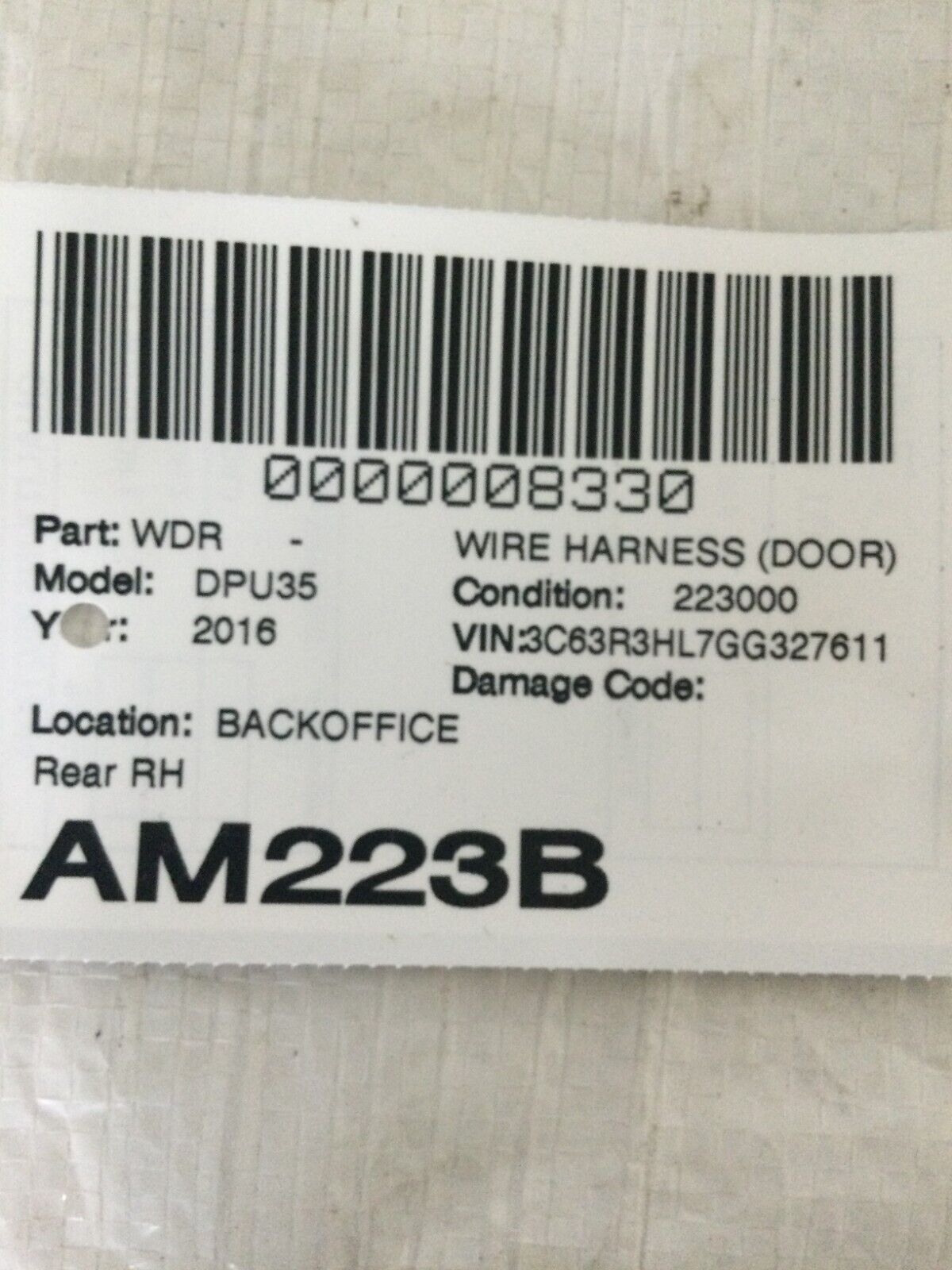 2016-2017 Dodge Ram 3500 Rear Right Passenger Door Harness OEM 68105514AE