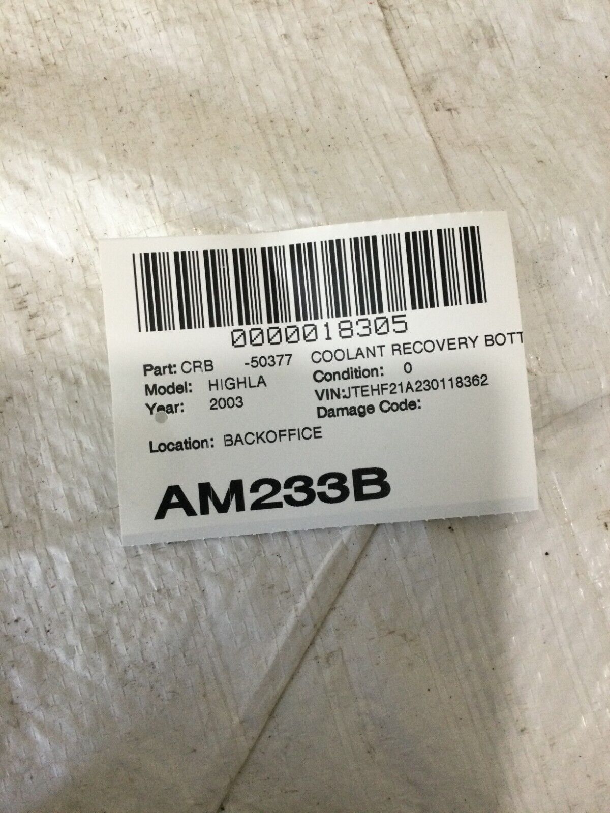 2001 2002 2003 Toyota Highlander Coolant Reservoir Recovery Tank Bottle OEM