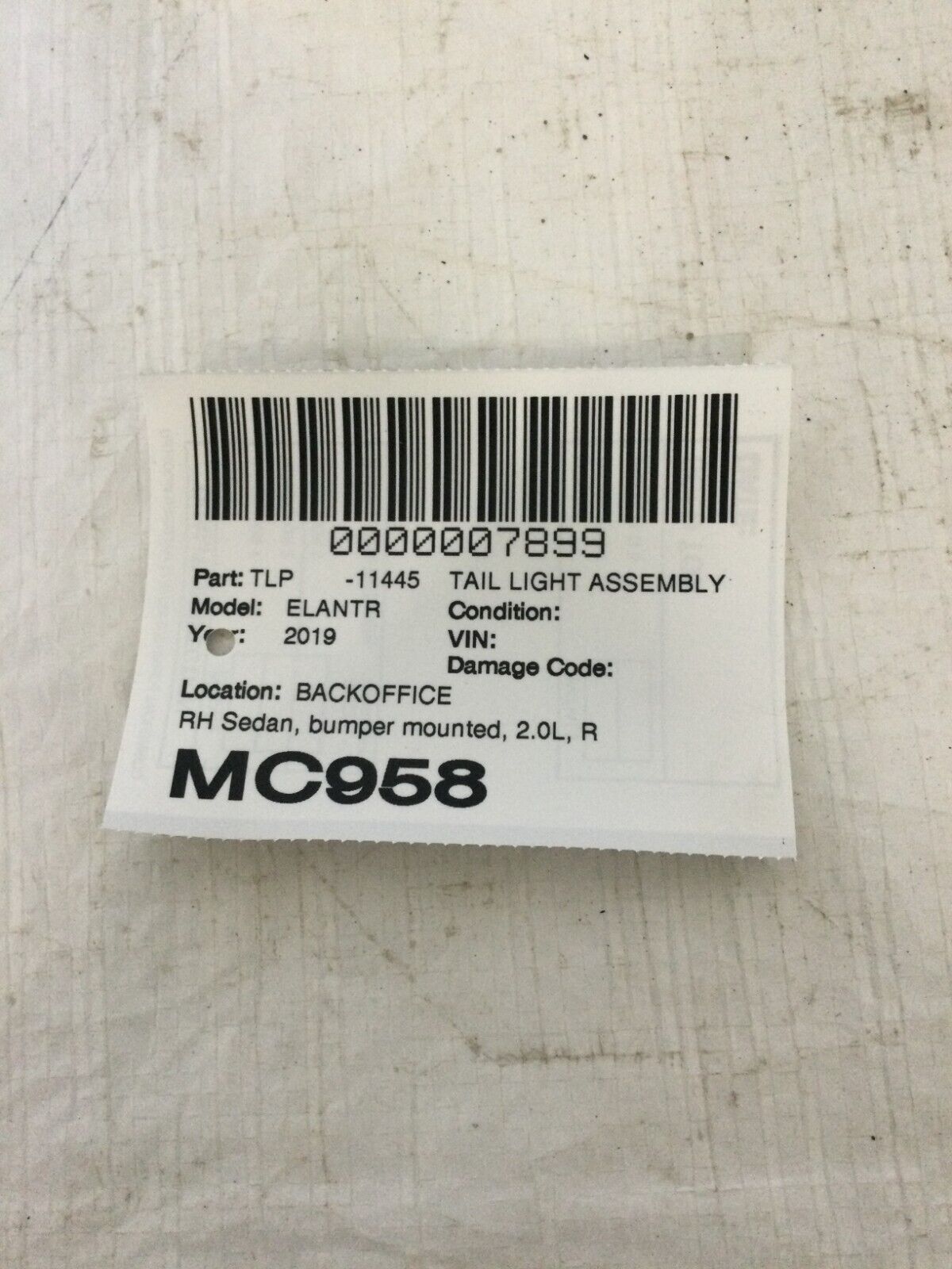 2019 Hyundai Elantra Sedan Tail Light Right Rear Lower Bumper Mounted OEM