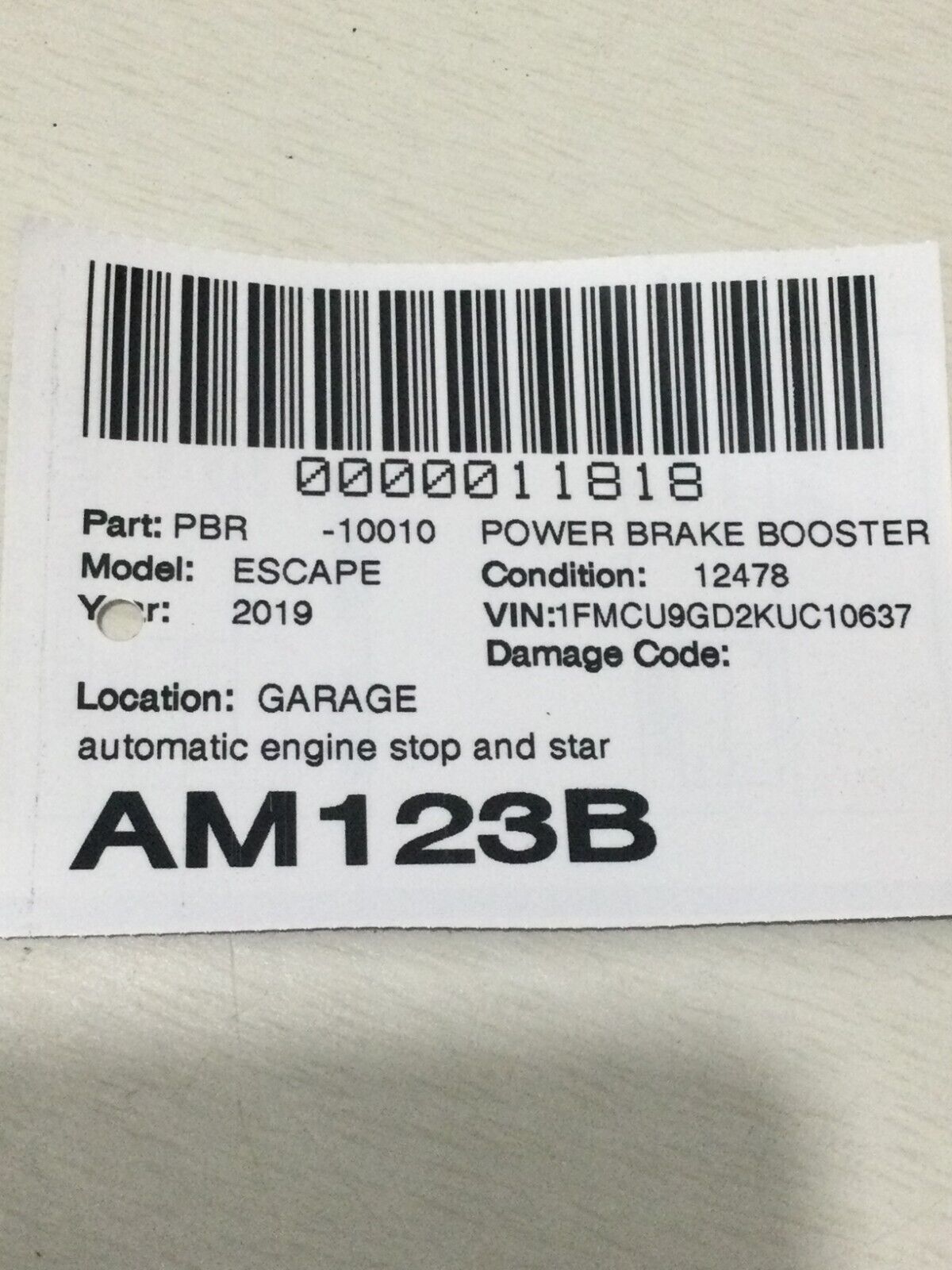 2017-2019 Ford Escape  Power Brake Booster W/ Reservoir OEM GV61-2B195-AC