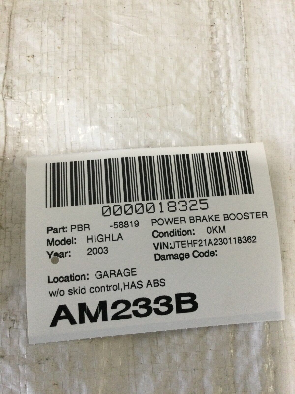 2001-2003 Toyota Highlander Power Brake Booster OEM