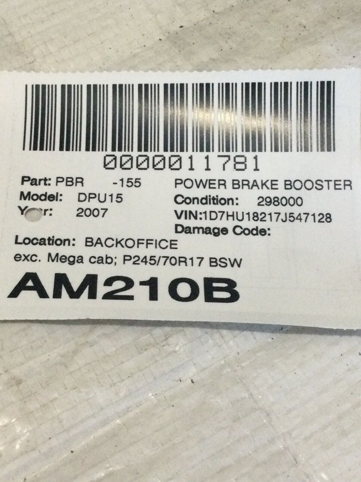 2007 Dodge Ram 1500 Power Brake Booster W/ Reservoir OEM