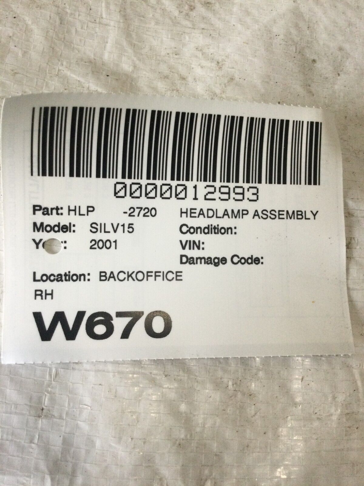 2001 Chevrolet Silverado 1500 Headlight Right Passenger Side OEM RH