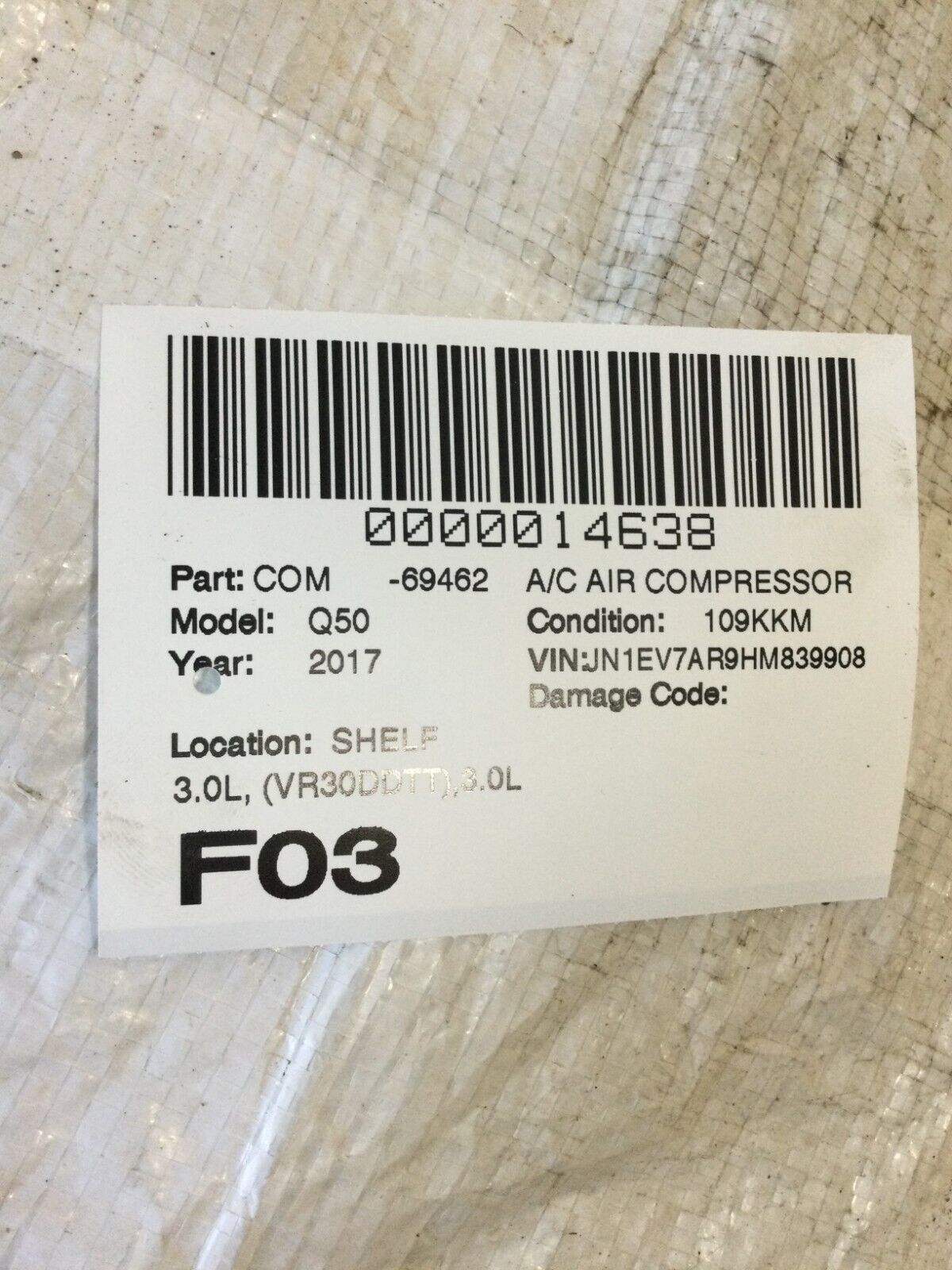 2017 Infiniti Q50  Air  Compressor Assembly  OEM