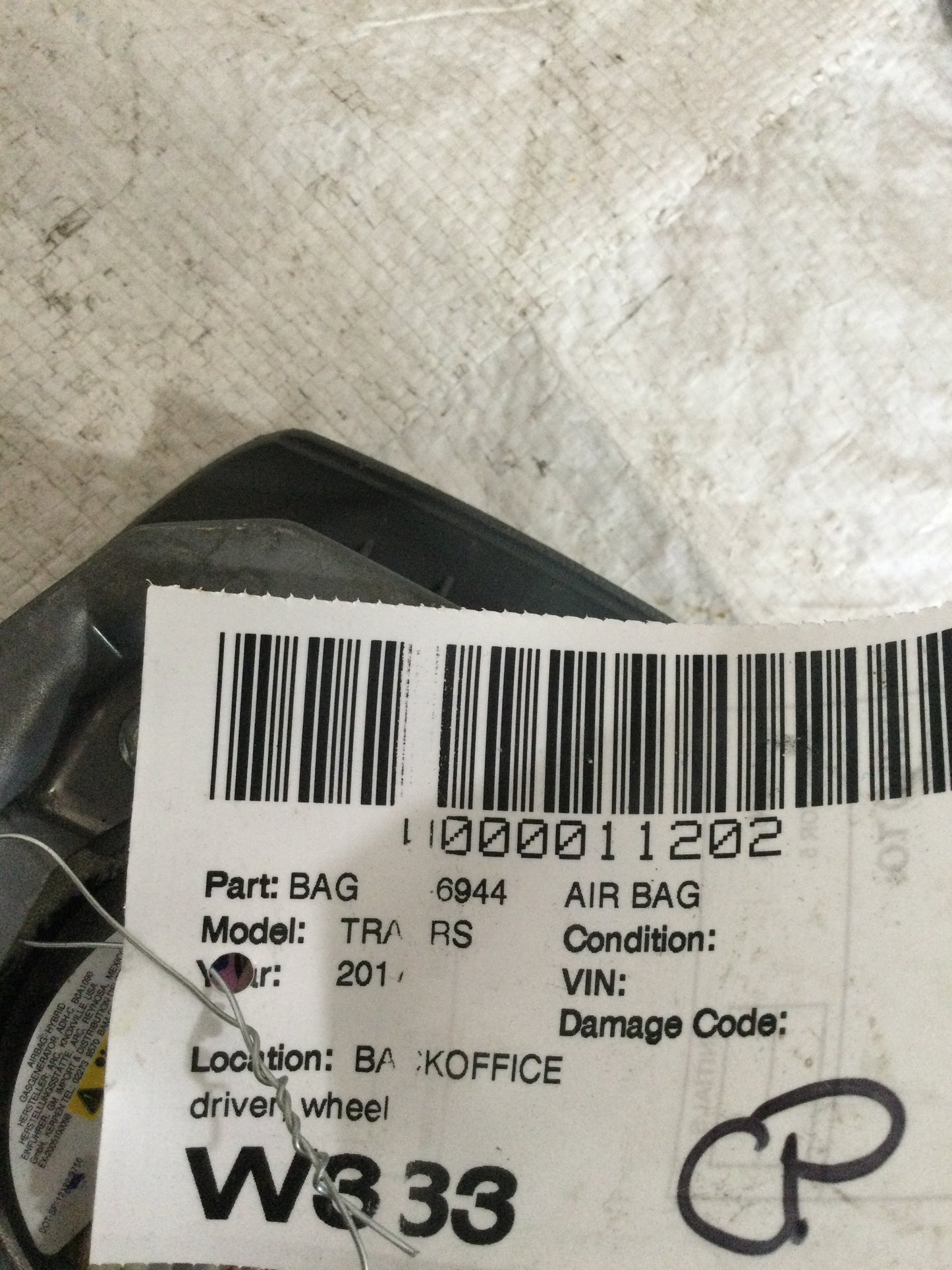 2017 Chevrolet Traverse Driver's Steering Wheel Air Bag