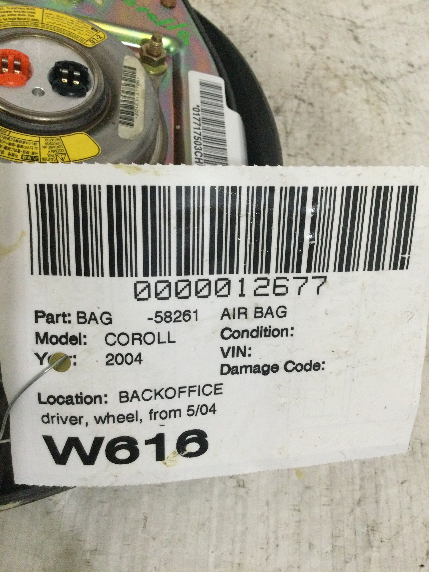 2004 TOYOTA COROLLA DRIVER WHEEL AIRBAG