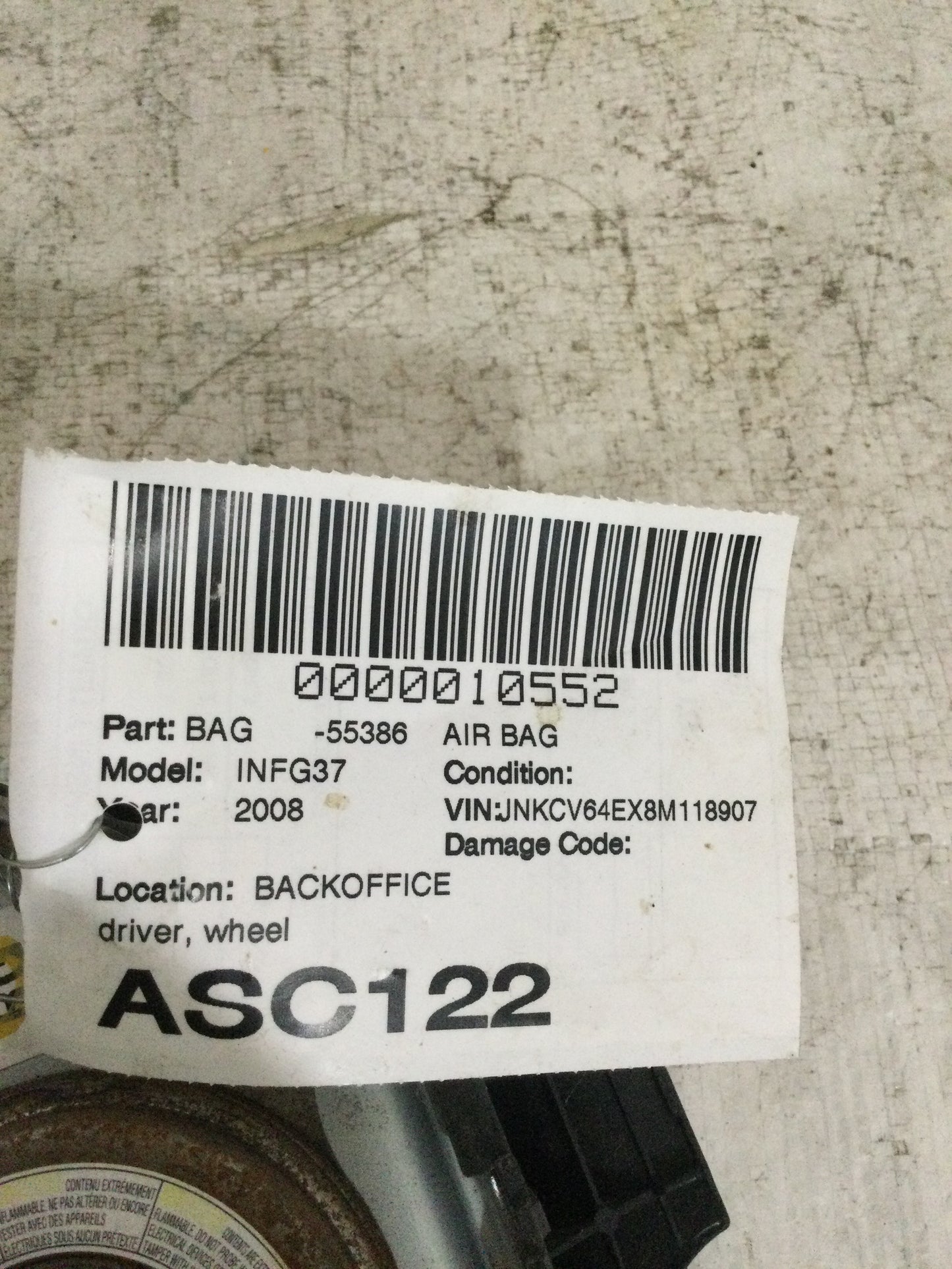 2008 INFINITI G37 DRIVER WHEEL AIRBAG