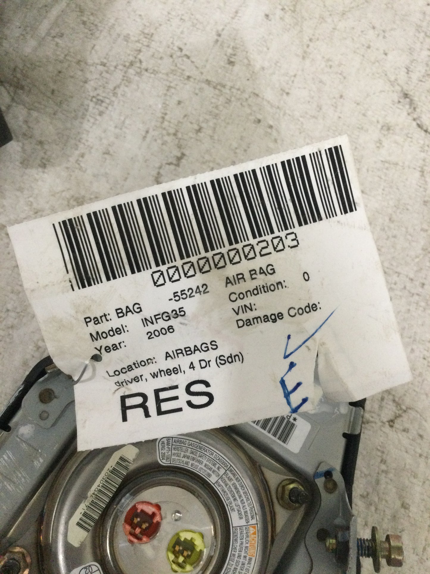 2006 INFINITI G35 DRIVER WHEEL AIRBAG