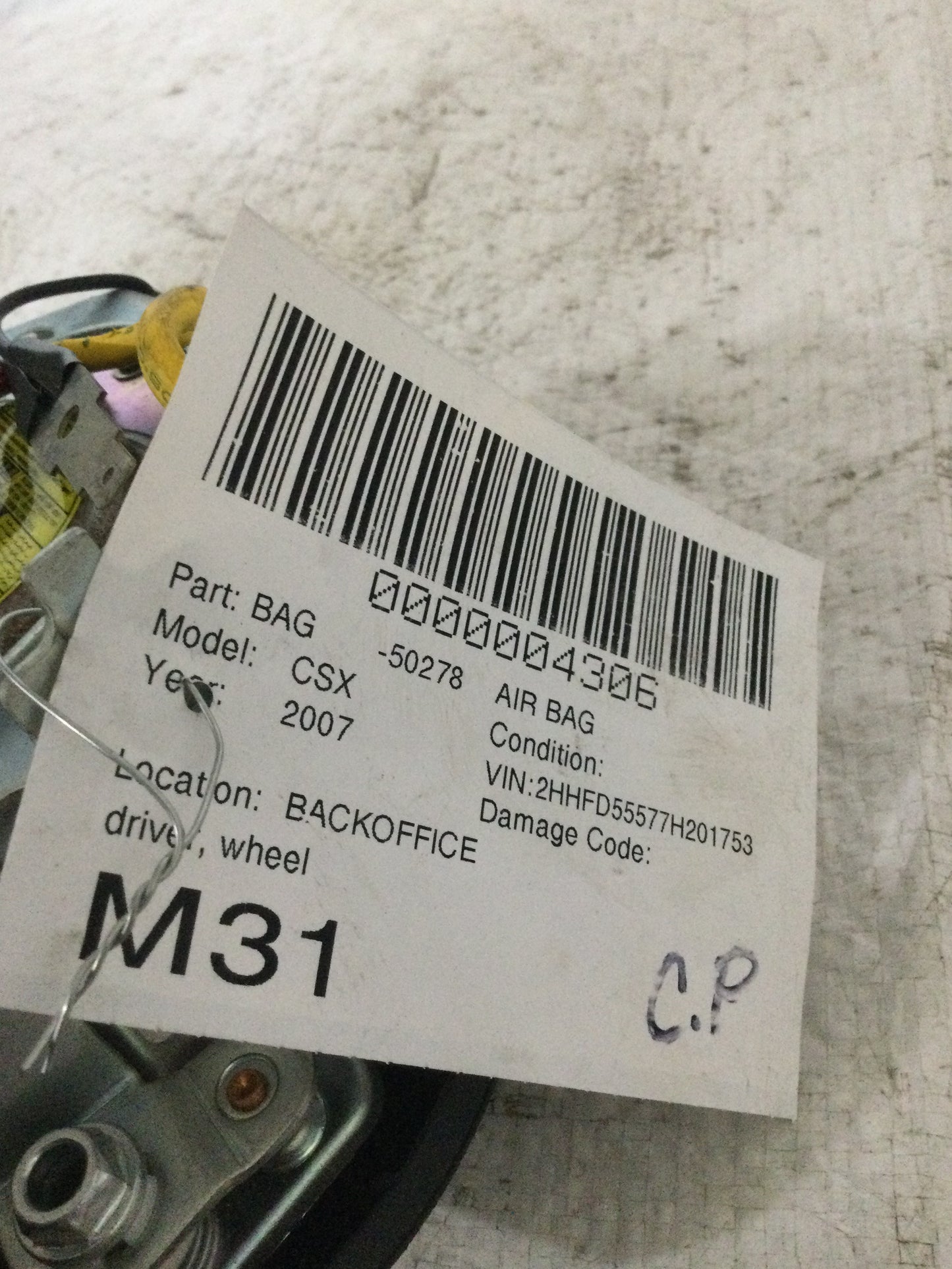 2007 ACURA CSX DRIVER WHEEL AIRBAG