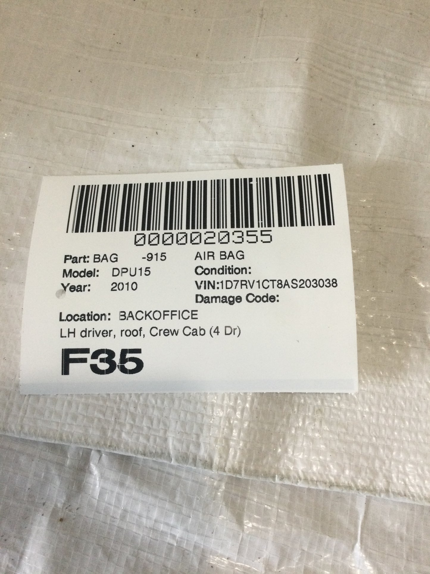 10-12 DODGE RAM OEM MOPAR LH SIDE CURTAIN CREW CAB 52029427AD AIRBAG ROOF