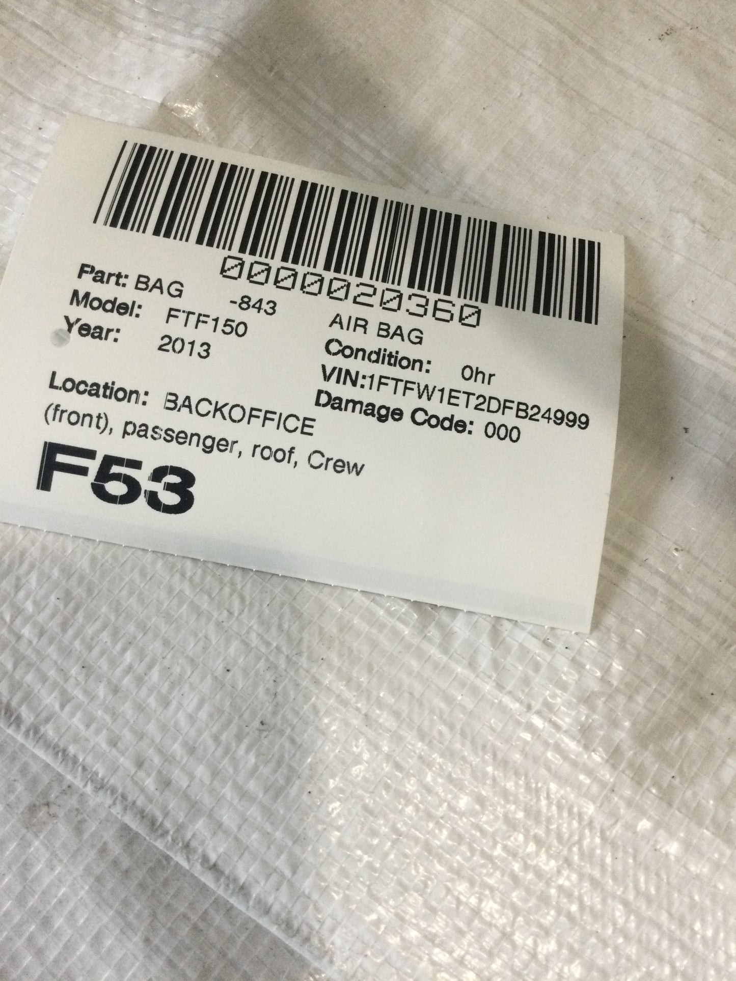 FORD F150 F-150 CREW CAB 2010-2014 PASSENGER AIRBAG CURTAIN right